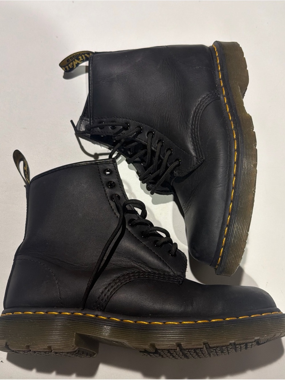 Dr. Martens Black Leather 8-Eye Boots with Yellow Stitching